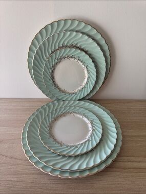 Vintage Mint Green Teal Scalloped Plate Set for 2 Gold Trim James Kent Old Foley